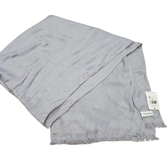 Calvin Klein Light Gray Jacquard Logo Scarf Fringed Edge Womens Soft Lightweight - Picture 2 of 9